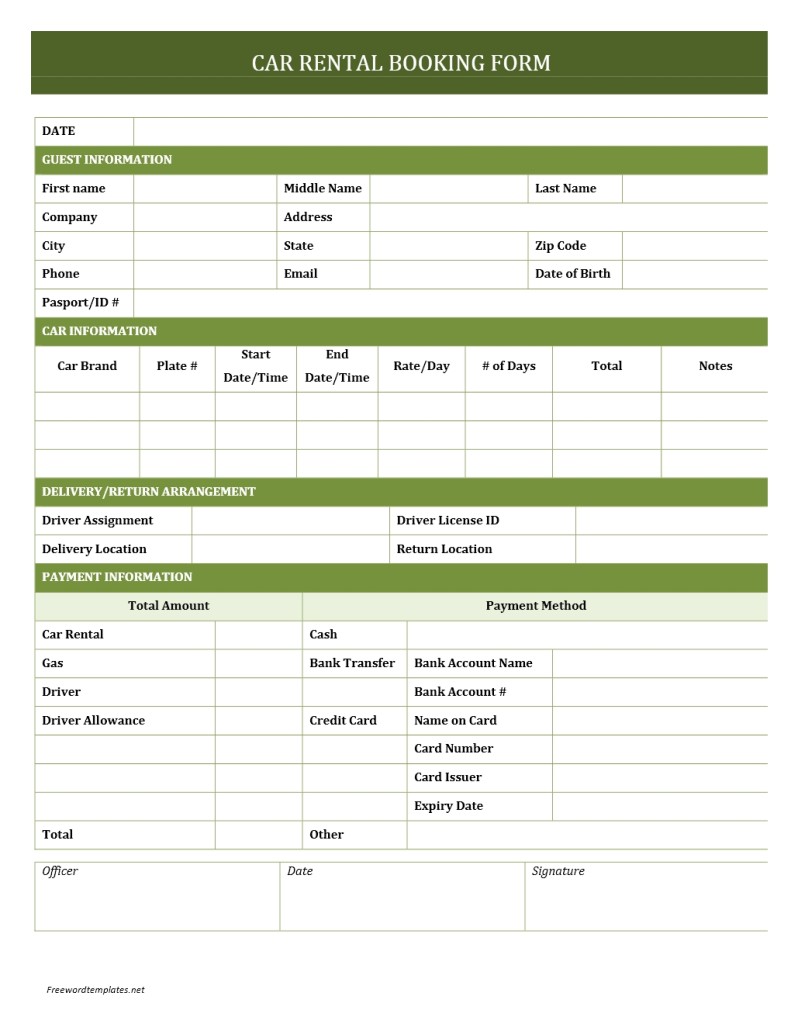 Car Rental Booking Form Template
