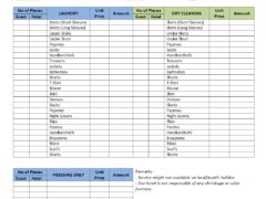 Hotel Laundry Price List Template