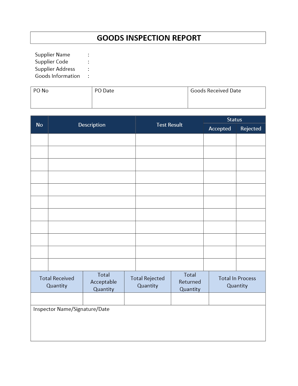 Incoming Goods Inspection Report Template