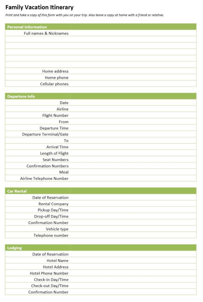 Family Vacation Itinerary Template for Word