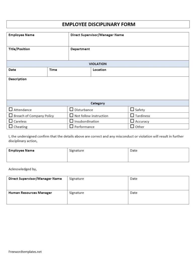 Employee Disciplinary Form Template for Word