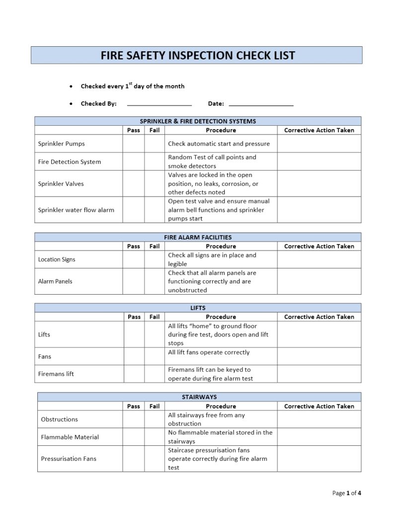 Fire Safety Inspection Checklist Form Template for Word