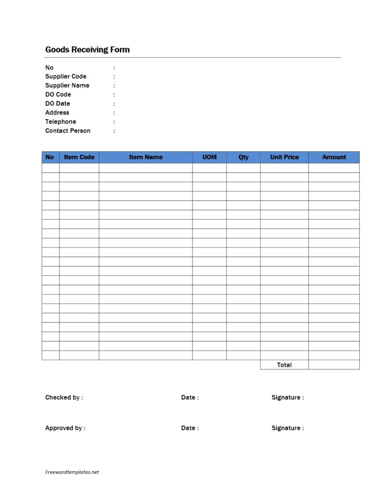 Goods Receiving Form Template for Word