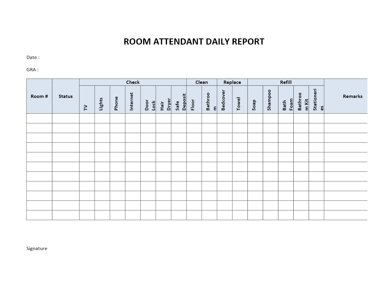 room attendant daily assignment sheet