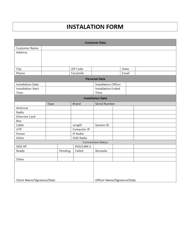Installation Form Template for Word