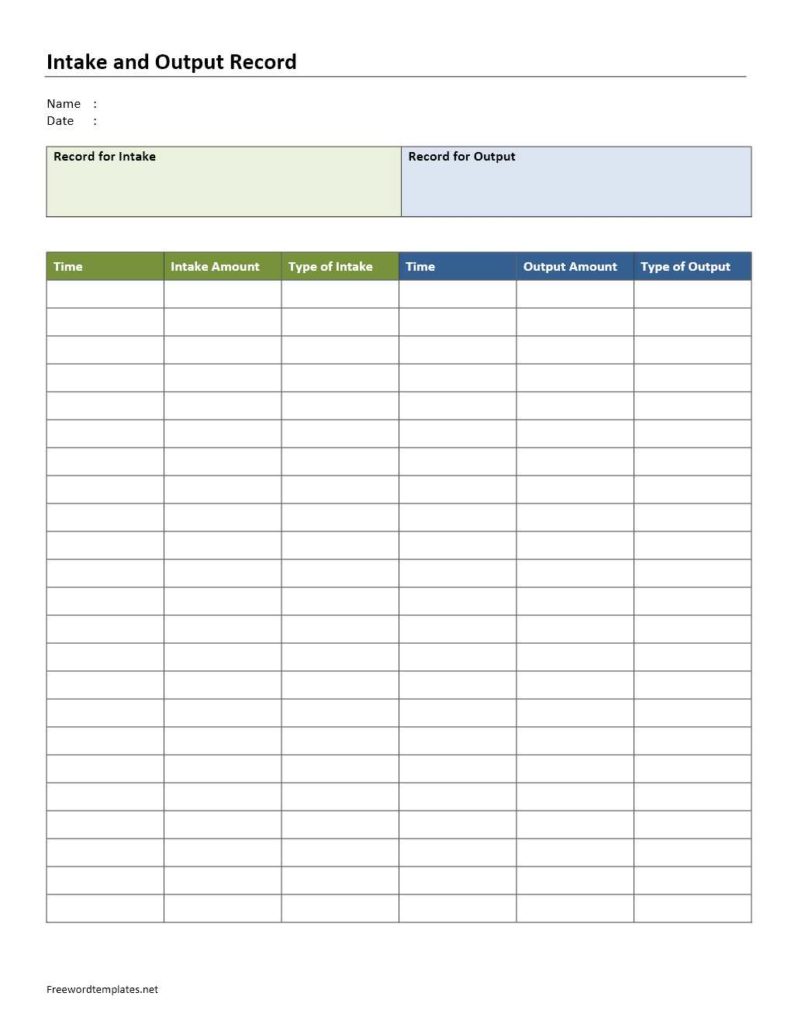 Intake and Output Record Template for Word