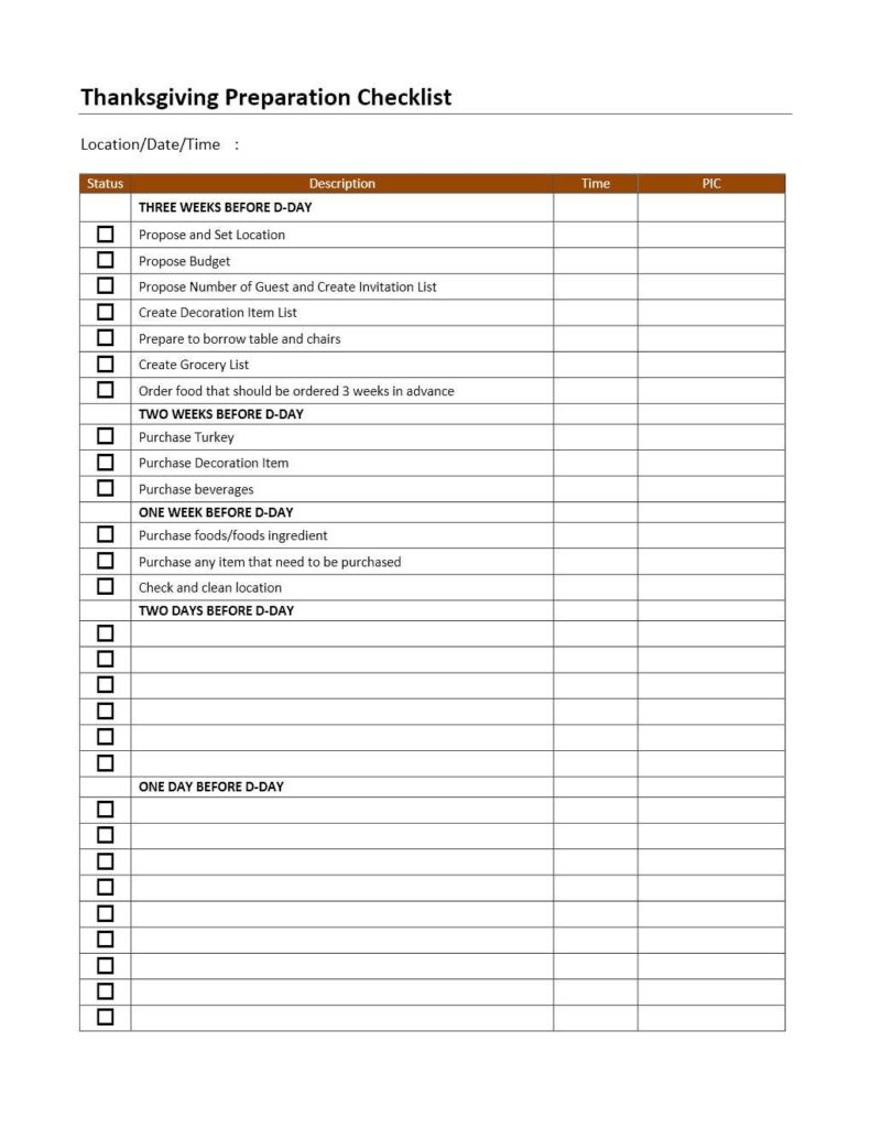 Thanksgiving Preparation Checklist Template for Word