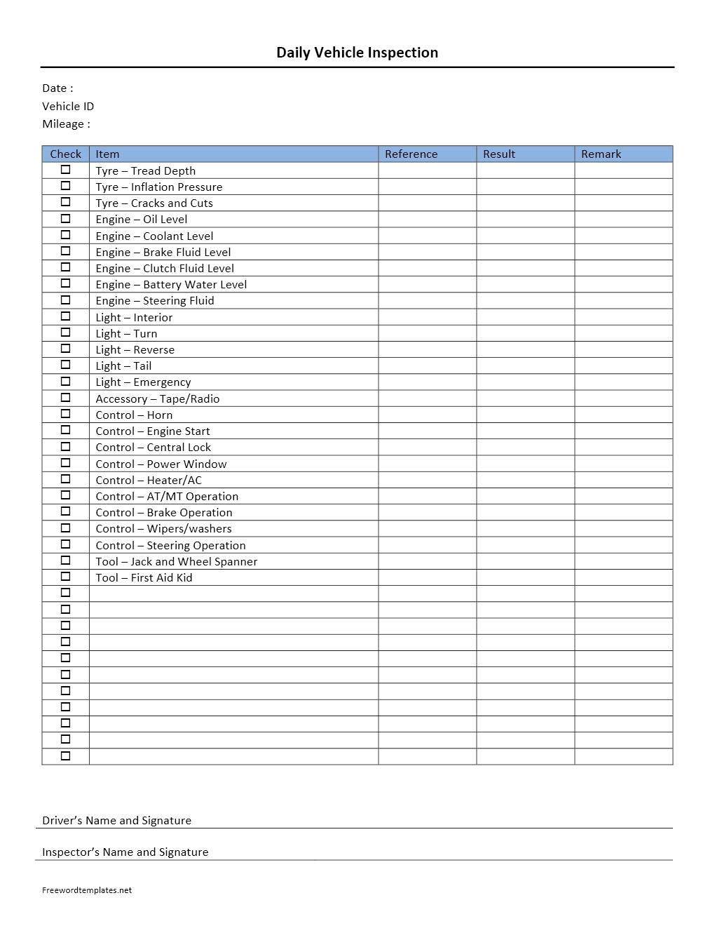 Vehicle Inspection Checklist