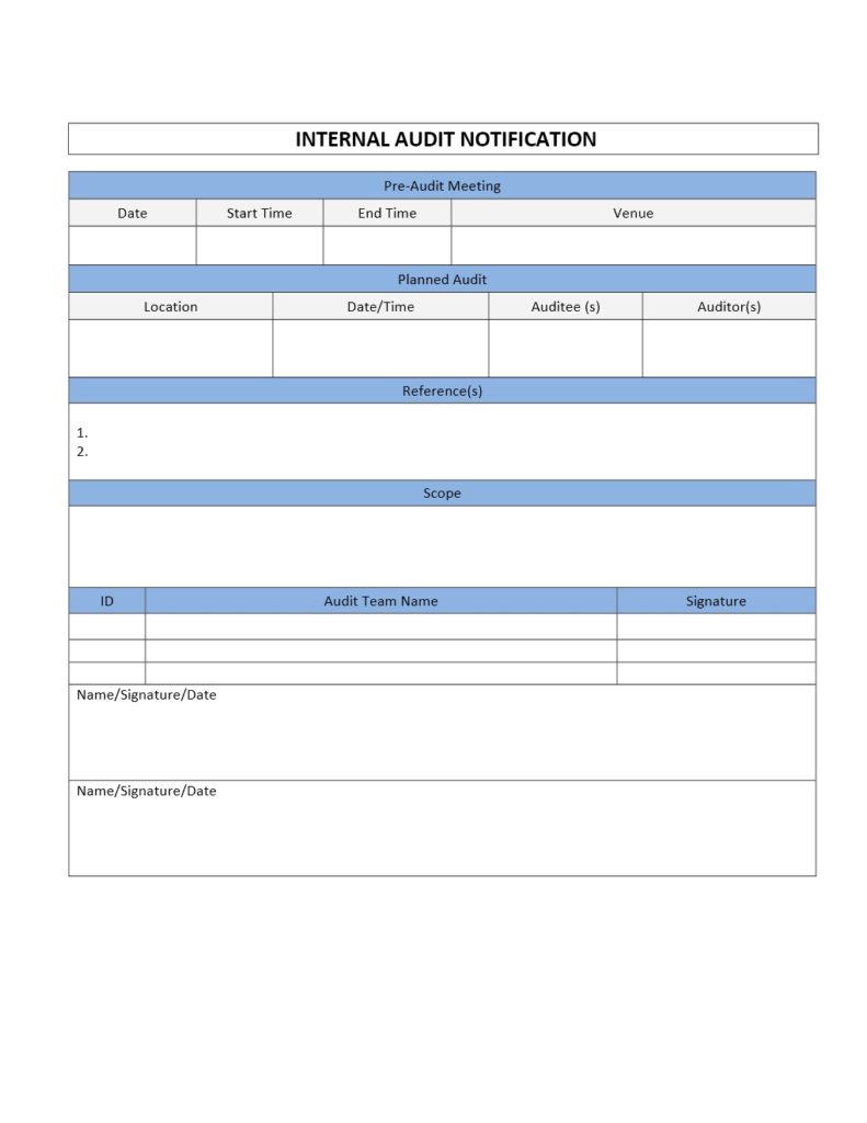 Internal Audit Notification Form Template for Word
