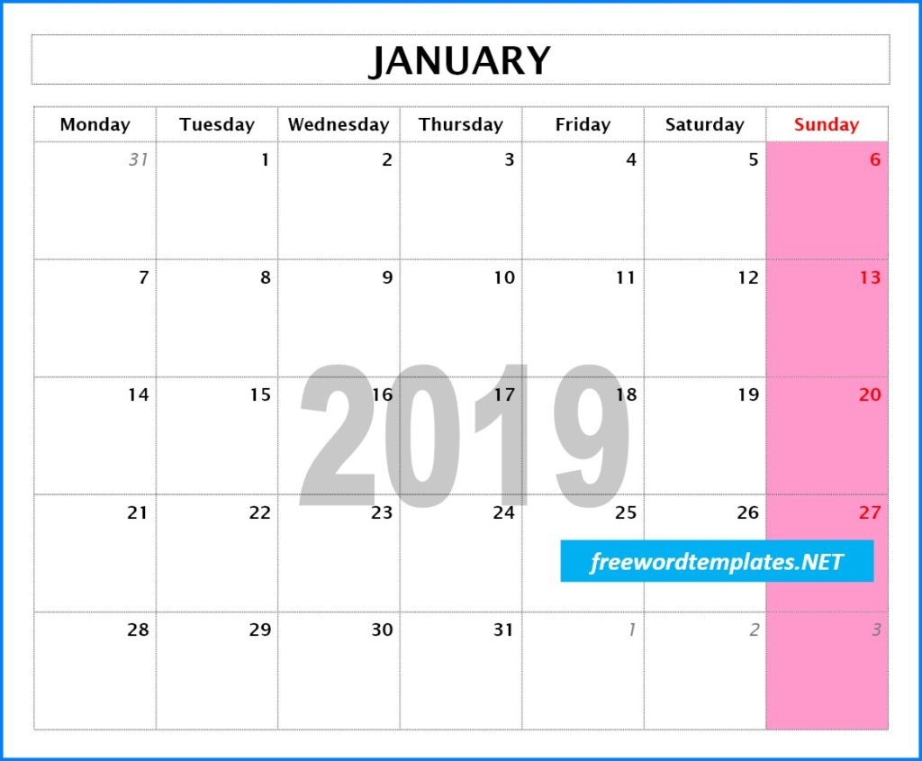 2019 Monthly Calendar Template - Word