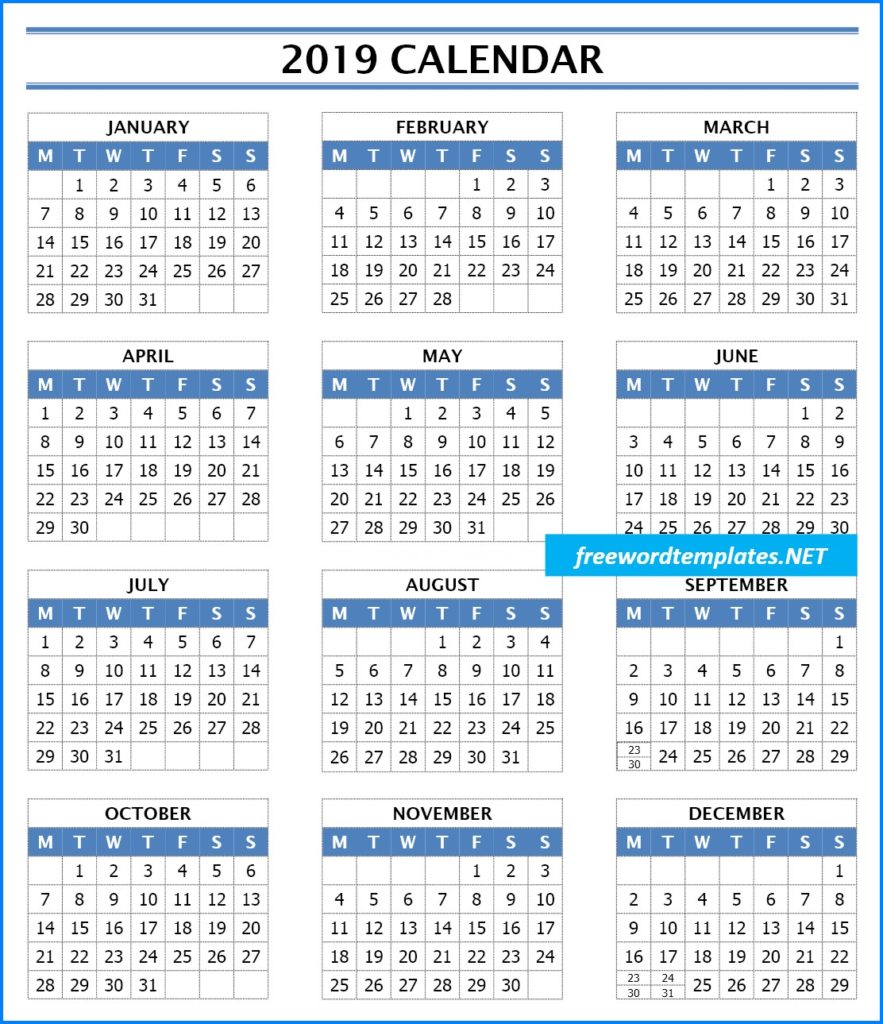 2019 Year Calendar Template - Word