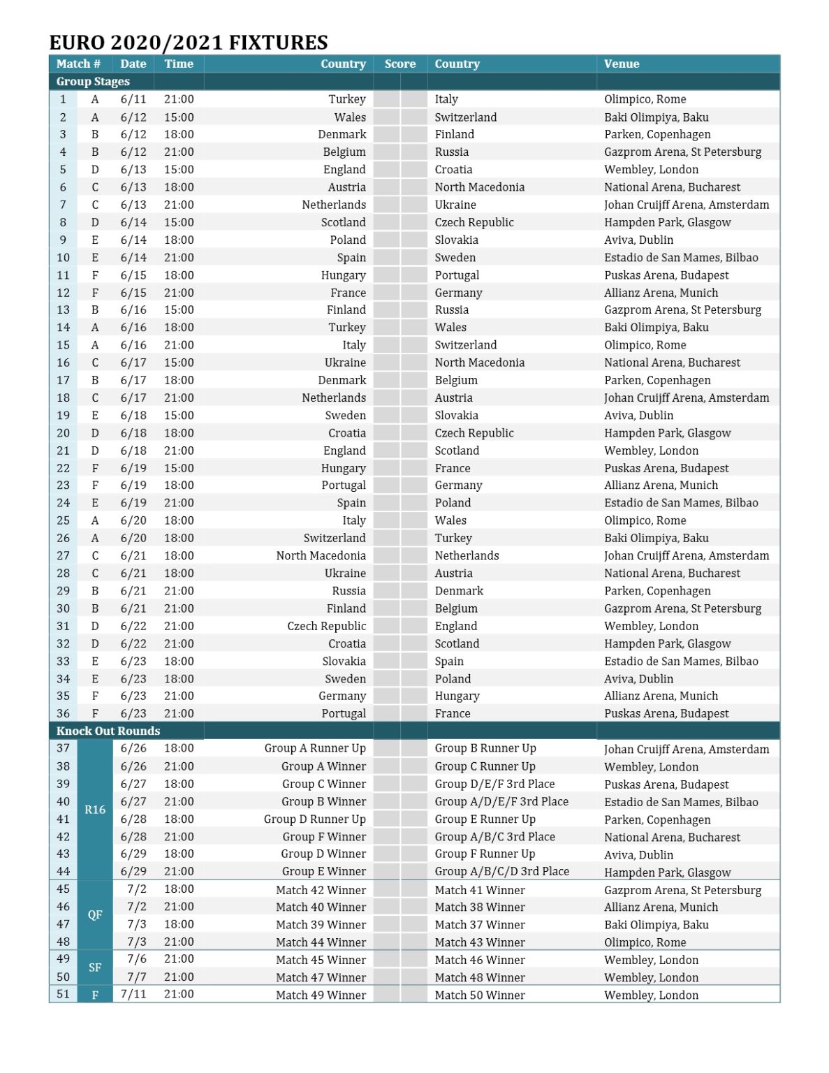 Euro 2020 Schedule | Freewordtemplates.net